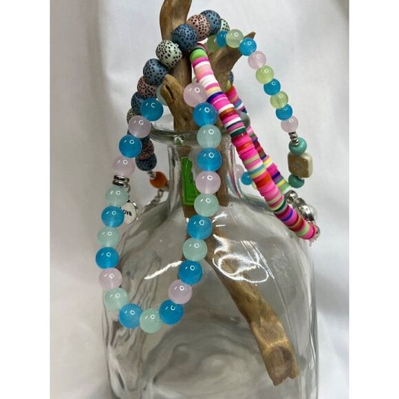 Turquoise Black Lava Heart Boho Stretch Stack Beaded Bracelets Set Of 4 HOT PINK - Picture 3 of 14